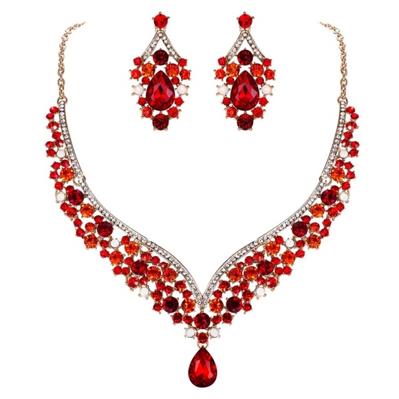 Yellow Gold & Ruby Red Austrian Crystal Teardrop V Shape Necklace & Earrings Set - Picture 1 of 6